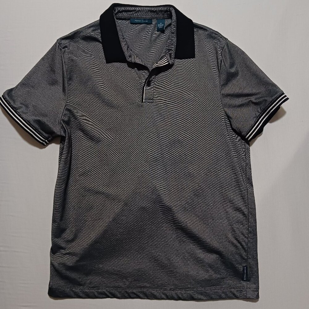 Perry Ellis Icon Golf Polo Black Grey Spliced Striped Short Sleeve Men's Medium